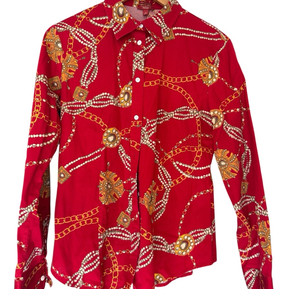 Talbots Red and Orange Casual Button Down Shirt with Ornate Pattern